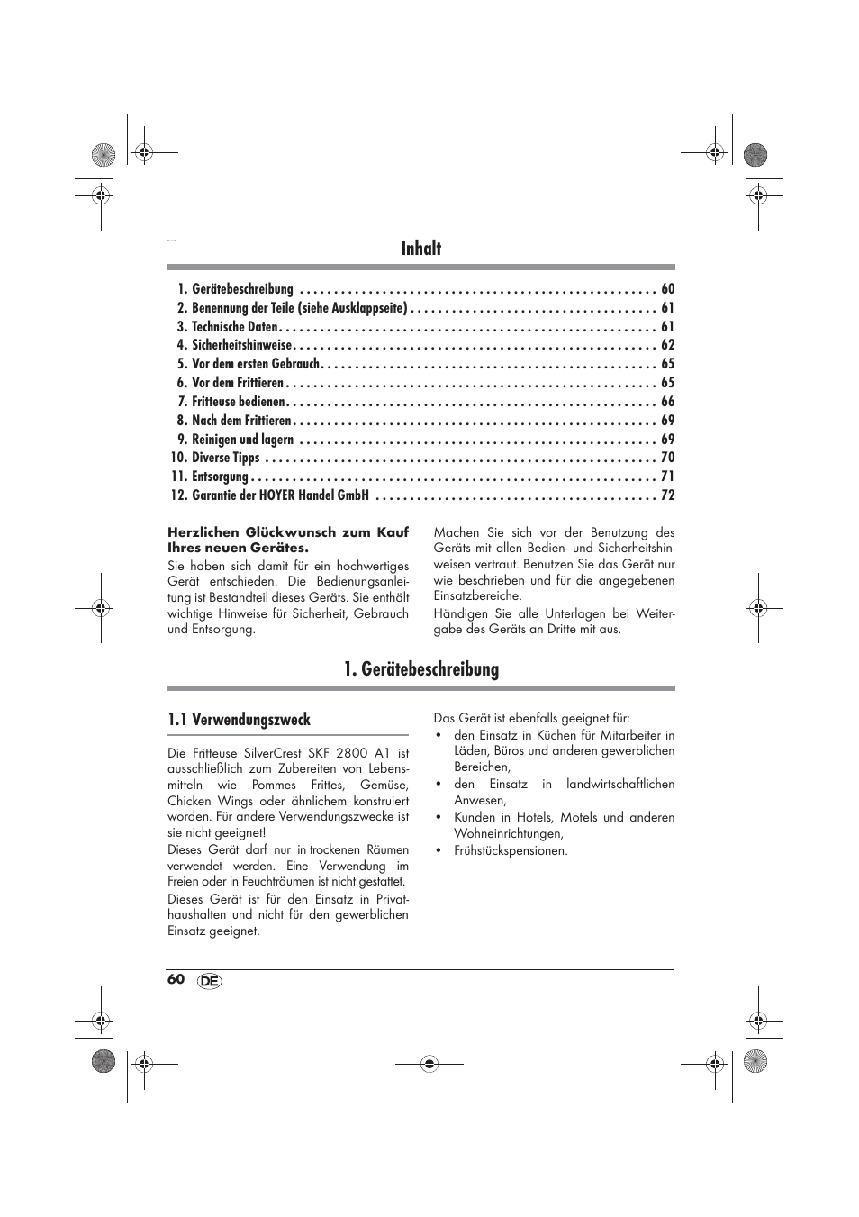 Inhalt, Gerätebeschreibung, 1 verwendungszweck | Silvercrest SKF 2800 A1 User Manual | Page 62 / 78