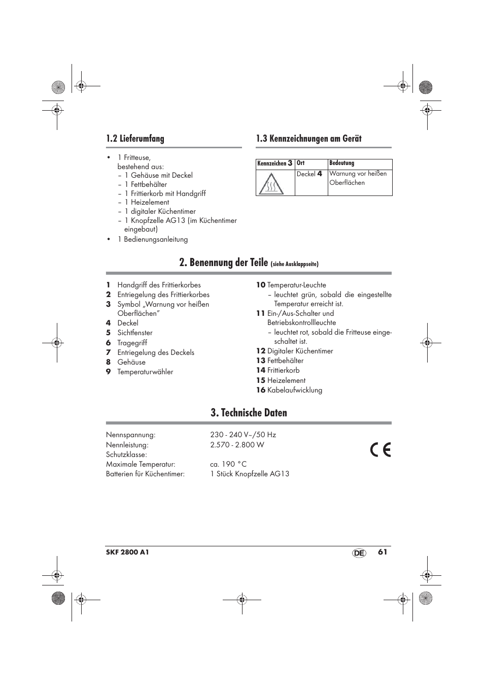 Benennung der teile, Technische daten, 2 lieferumfang | 3 kennzeichnungen am gerät | Silvercrest SKF 2800 A1 User Manual | Page 63 / 78