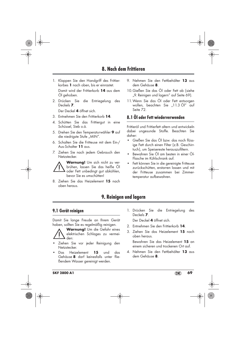 Nach dem frittieren, Reinigen und lagern, 1 öl oder fett wiederverwenden | 1 gerät reinigen | Silvercrest SKF 2800 A1 User Manual | Page 71 / 78