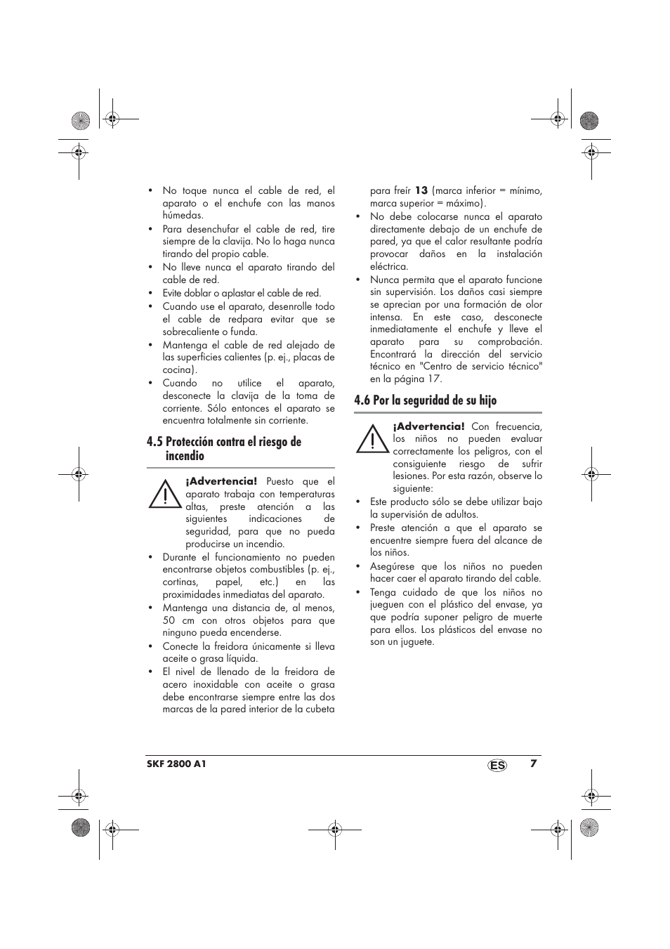 5 protección contra el riesgo de incendio, 6 por la seguridad de su hijo | Silvercrest SKF 2800 A1 User Manual | Page 9 / 78