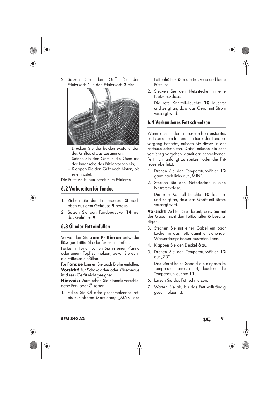 2 vorbereiten für fondue, 3 öl oder fett einfüllen, 4 vorhandenes fett schmelzen | Silvercrest SFM 840 A2 User Manual | Page 11 / 74