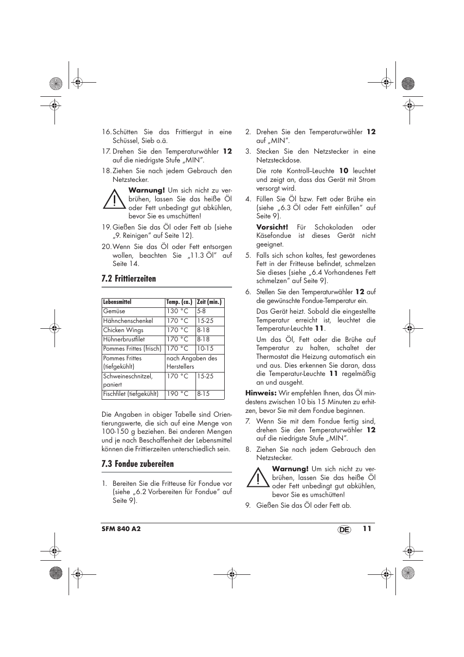 2 frittierzeiten, 3 fondue zubereiten | Silvercrest SFM 840 A2 User Manual | Page 13 / 74