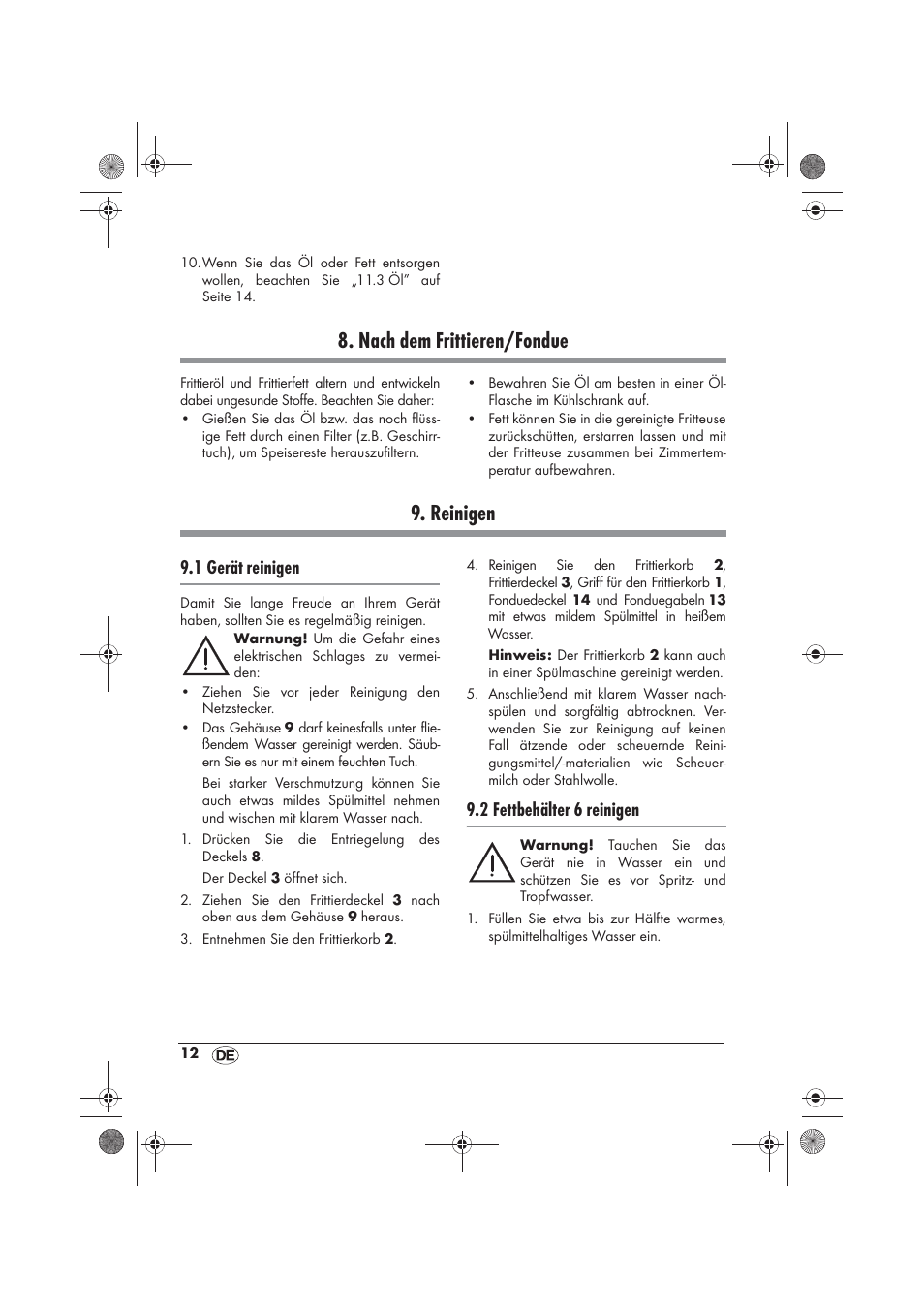 Nach dem frittieren/fondue, Reinigen, 1 gerät reinigen | 2 fettbehälter 6 reinigen | Silvercrest SFM 840 A2 User Manual | Page 14 / 74