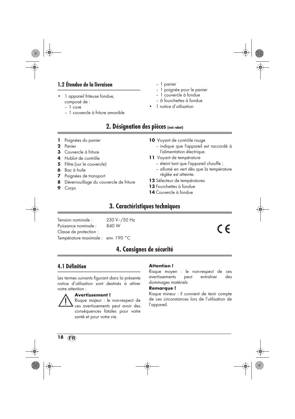 Désignation des pièces, Caractéristiques techniques, Consignes de sécurité | 2 étendue de la livraison, 1 définition | Silvercrest SFM 840 A2 User Manual | Page 20 / 74