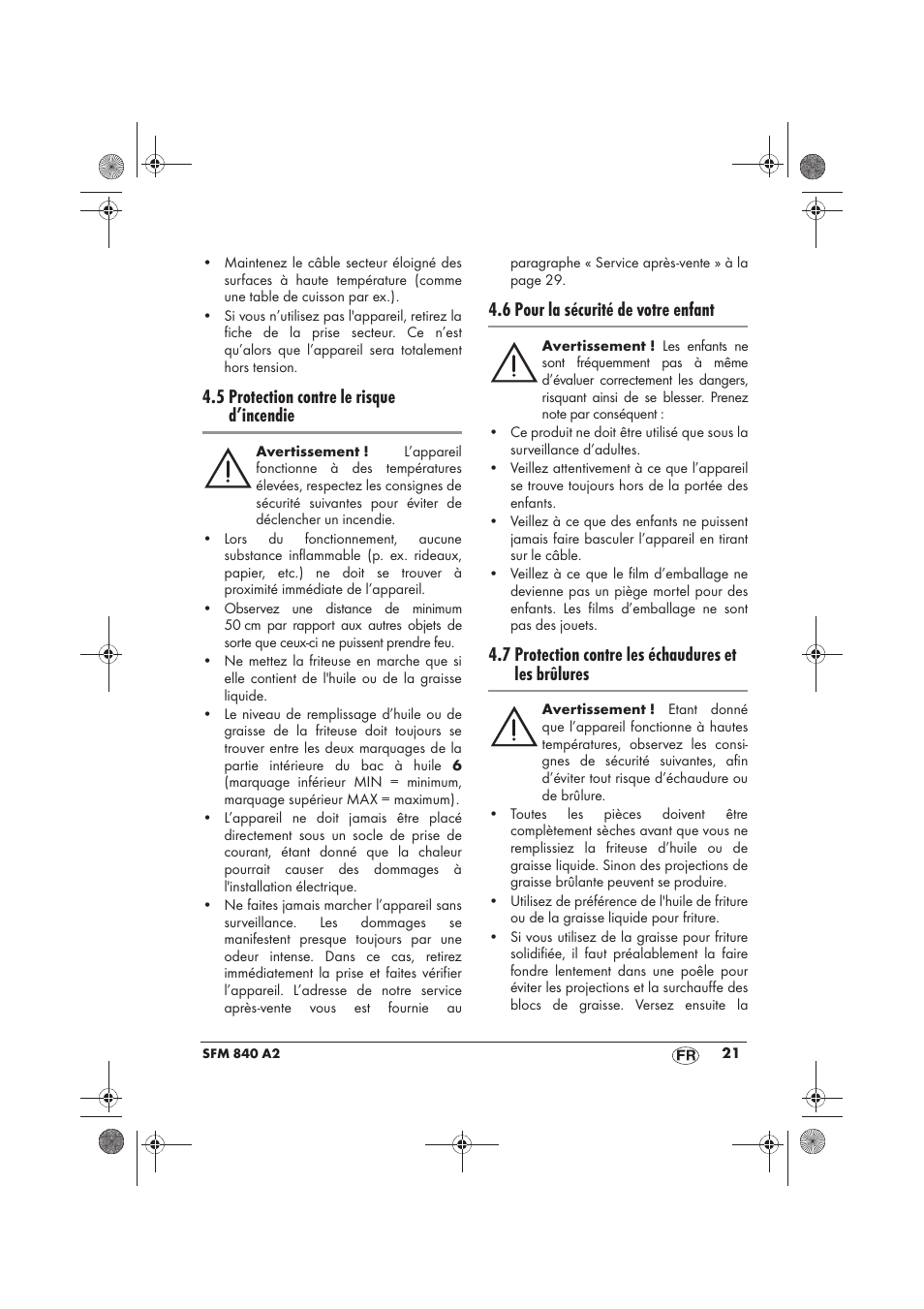 5 protection contre le risque d’incendie, 6 pour la sécurité de votre enfant, 7 protection contre les échaudures et les brûlures | Silvercrest SFM 840 A2 User Manual | Page 23 / 74