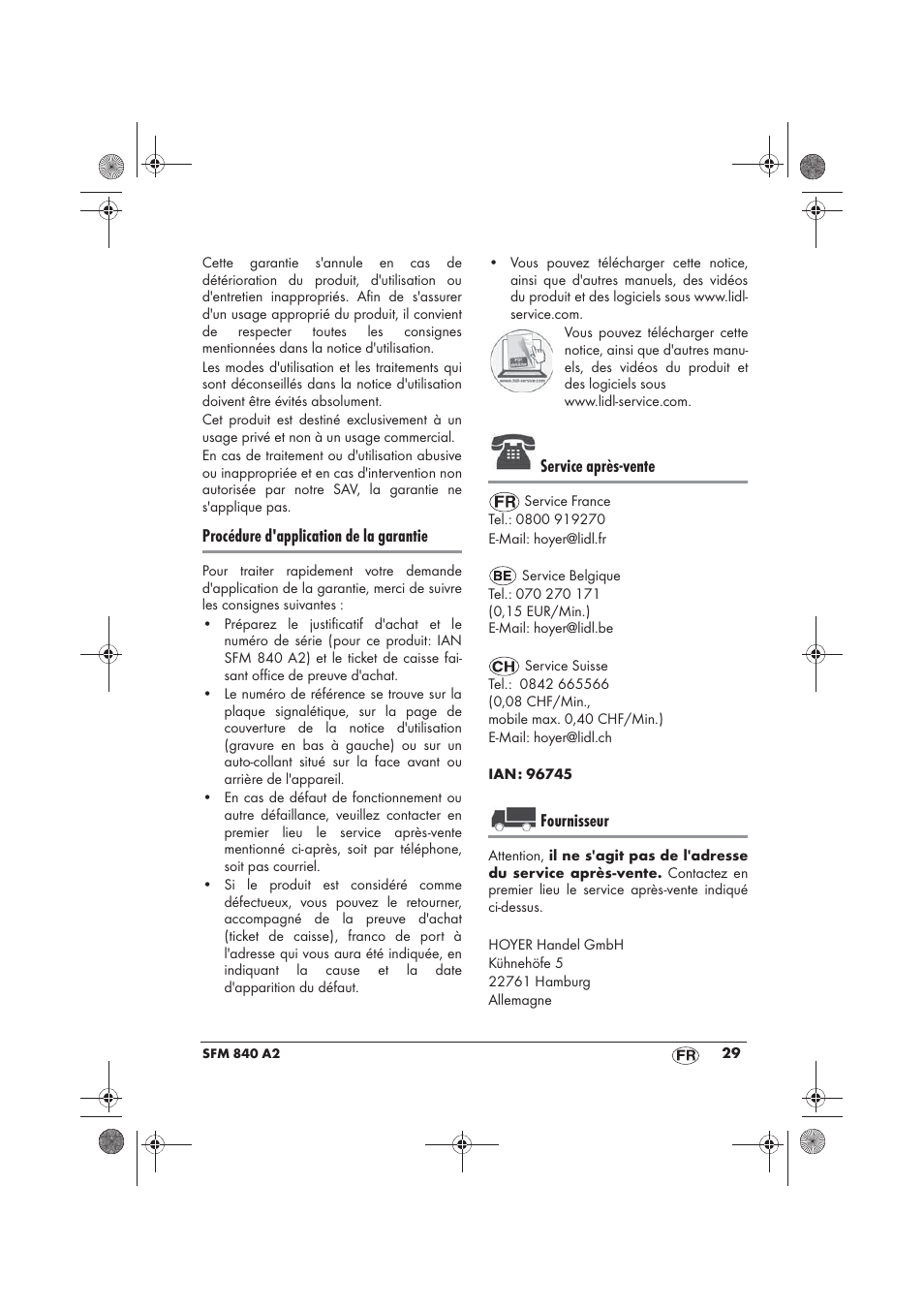 Procédure d'application de la garantie, Service après-vente, Fournisseur | Silvercrest SFM 840 A2 User Manual | Page 31 / 74