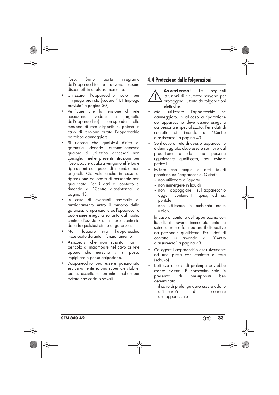 4 protezione dalle folgorazioni | Silvercrest SFM 840 A2 User Manual | Page 35 / 74