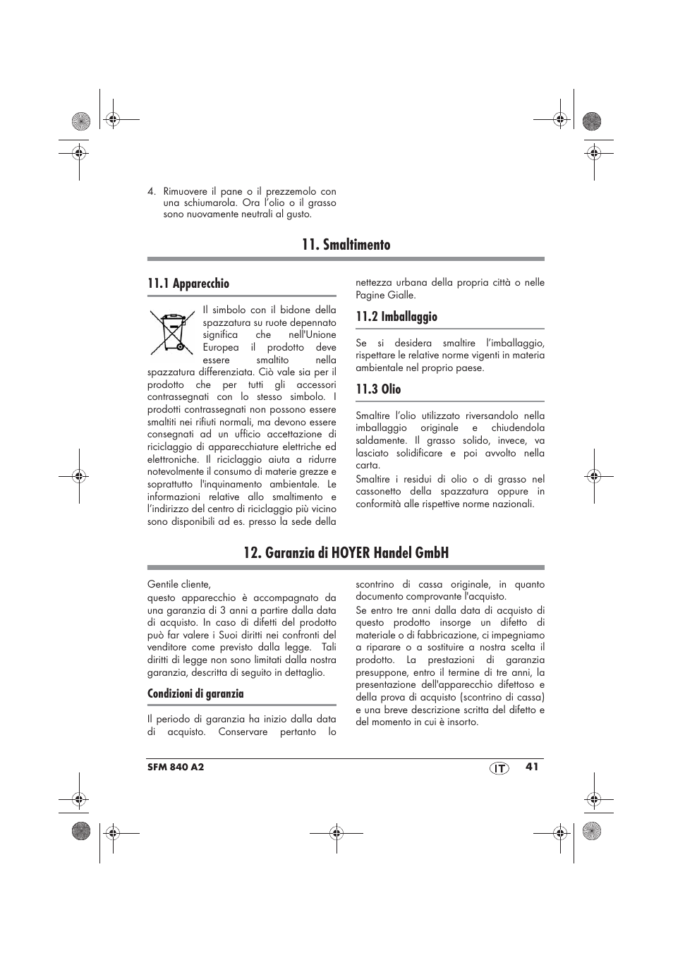 Smaltimento, Garanzia di hoyer handel gmbh | Silvercrest SFM 840 A2 User Manual | Page 43 / 74