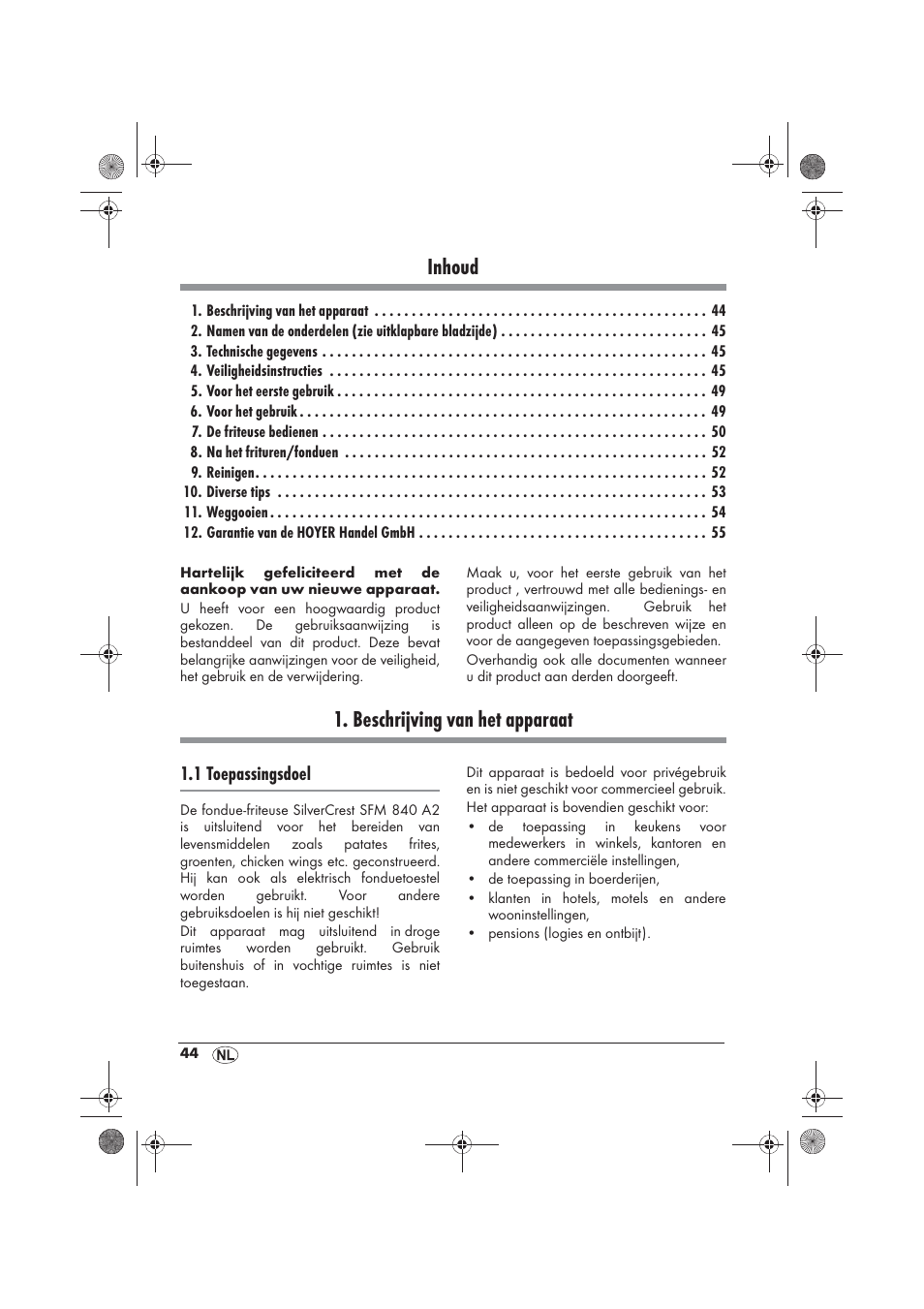 Inhoud, Beschrijving van het apparaat | Silvercrest SFM 840 A2 User Manual | Page 46 / 74