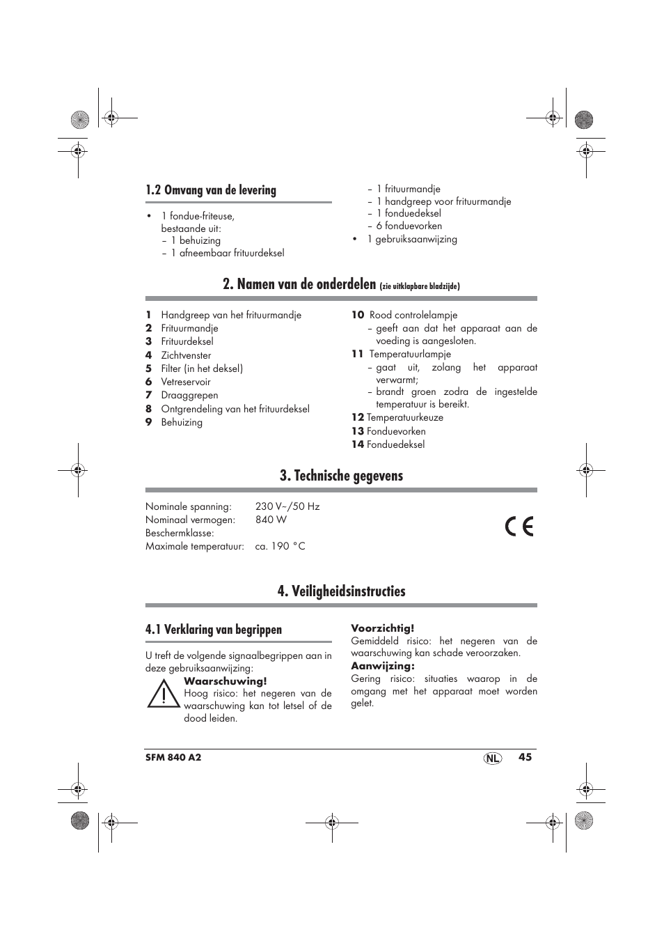Namen van de onderdelen, Technische gegevens, Veiligheidsinstructies | 2 omvang van de levering, 1 verklaring van begrippen | Silvercrest SFM 840 A2 User Manual | Page 47 / 74