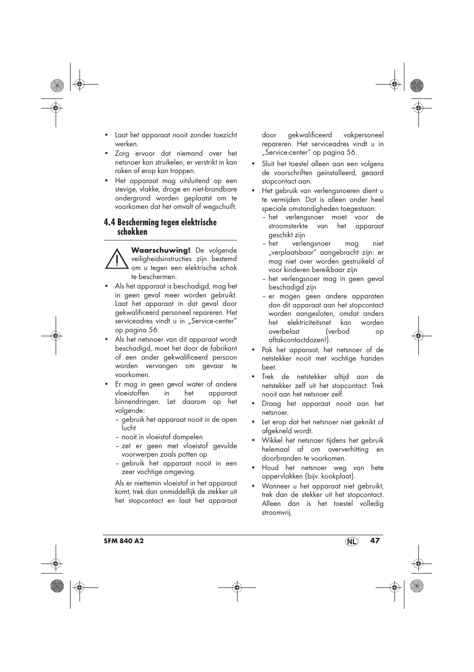 4 bescherming tegen elektrische schokken | Silvercrest SFM 840 A2 User Manual | Page 49 / 74