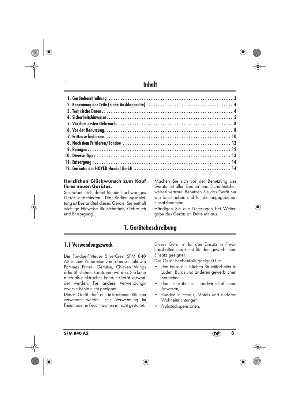 Inhalt, Gerätebeschreibung, 1 verwendungszweck | Silvercrest SFM 840 A2 User Manual | Page 5 / 74