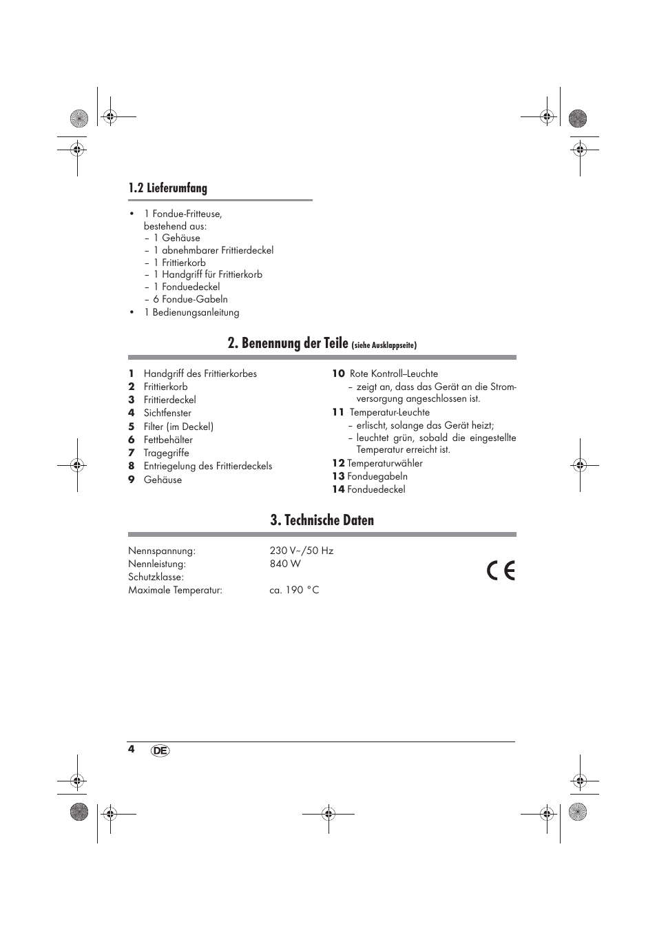 Benennung der teile, Technische daten, 2 lieferumfang | Silvercrest SFM 840 A2 User Manual | Page 6 / 74