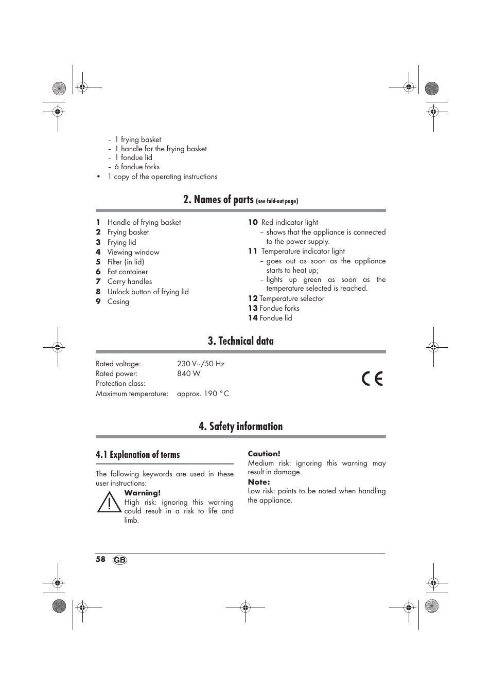 Names of parts, Technical data, Safety information | 1 explanation of terms | Silvercrest SFM 840 A2 User Manual | Page 60 / 74