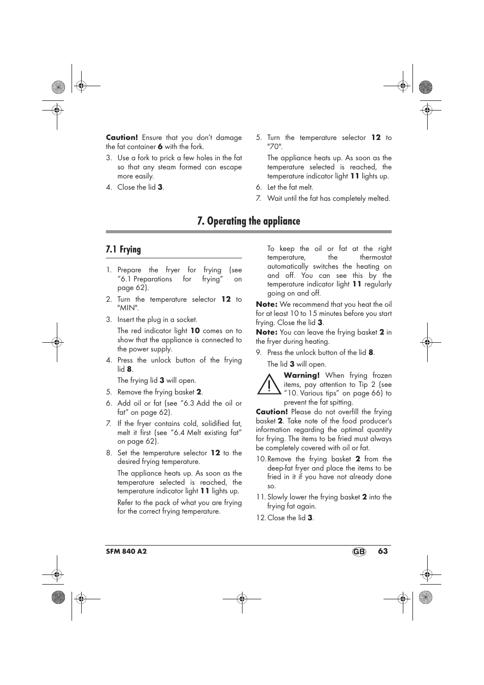 Operating the appliance, 1 frying | Silvercrest SFM 840 A2 User Manual | Page 65 / 74