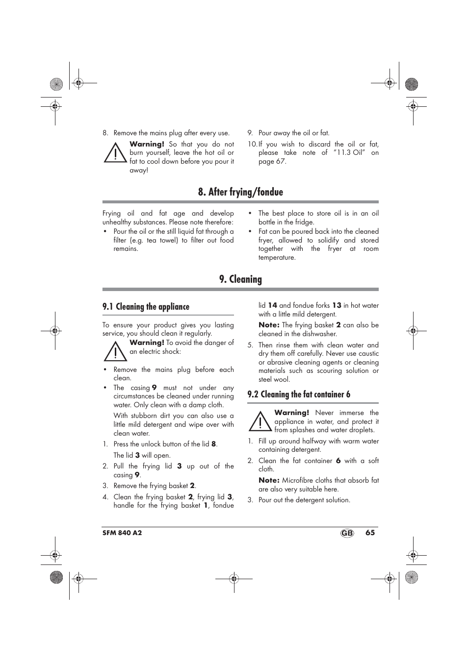 After frying/fondue, Cleaning, 1 cleaning the appliance | 2 cleaning the fat container 6 | Silvercrest SFM 840 A2 User Manual | Page 67 / 74