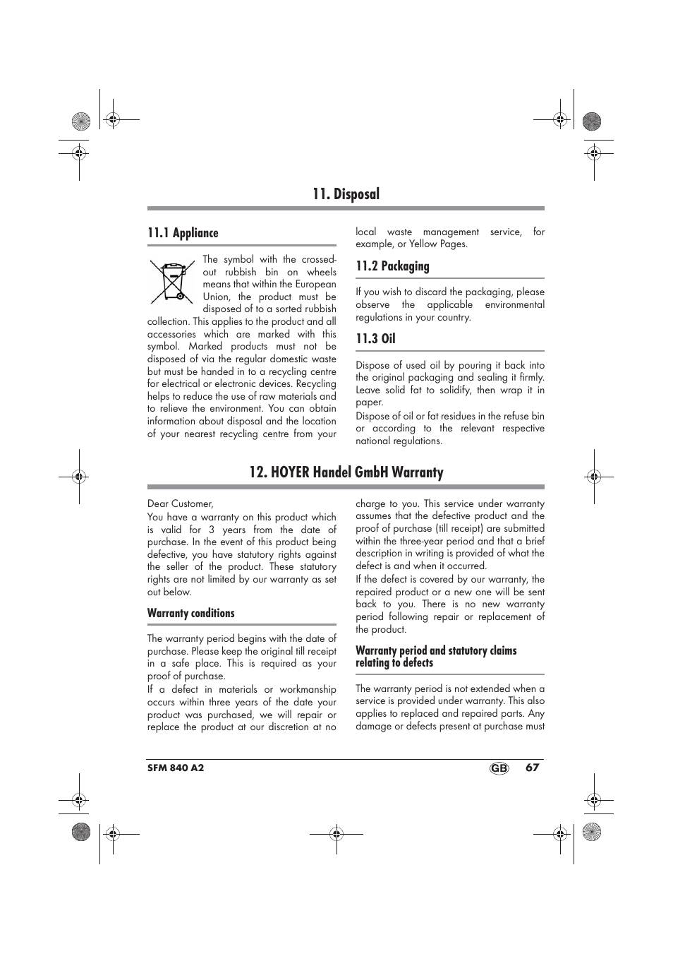 Disposal, Hoyer handel gmbh warranty | Silvercrest SFM 840 A2 User Manual | Page 69 / 74