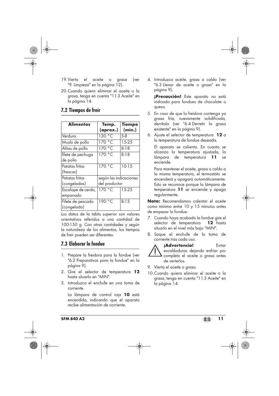 2 tiempos de freír, 3 elaborar la fondue | Silvercrest SFM 840 A2 User Manual | Page 13 / 74