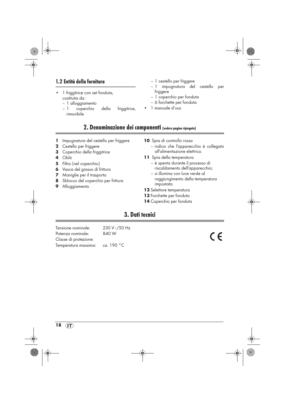 Denominazione dei componenti, Dati tecnici, 2 entità della fornitura | Silvercrest SFM 840 A2 User Manual | Page 20 / 74