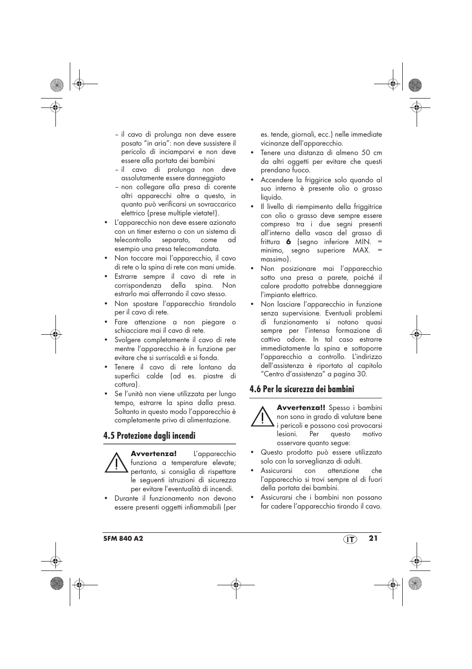 5 protezione dagli incendi, 6 per la sicurezza dei bambini | Silvercrest SFM 840 A2 User Manual | Page 23 / 74