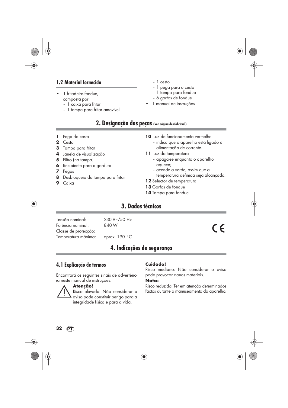 Designação das peças, Dados técnicos, Indicações de segurança | 2 material fornecido, 1 explicação de termos | Silvercrest SFM 840 A2 User Manual | Page 34 / 74