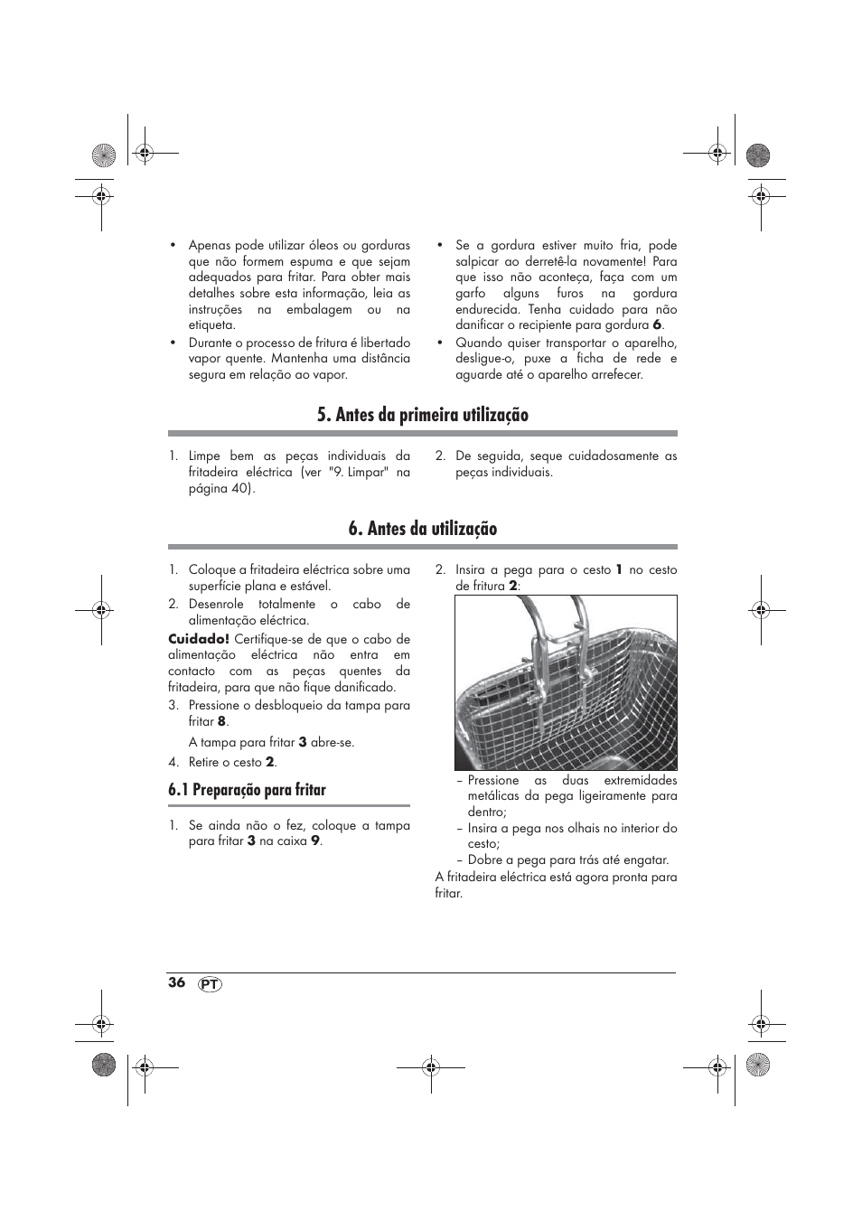 Antes da primeira utilização, Antes da utilização, 1 preparação para fritar | Silvercrest SFM 840 A2 User Manual | Page 38 / 74