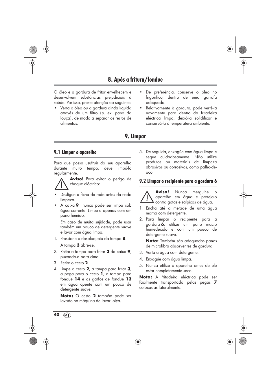 Após a fritura/fondue, Limpar, 1 limpar o aparelho | 2 limpar o recipiente para a gordura 6 | Silvercrest SFM 840 A2 User Manual | Page 42 / 74