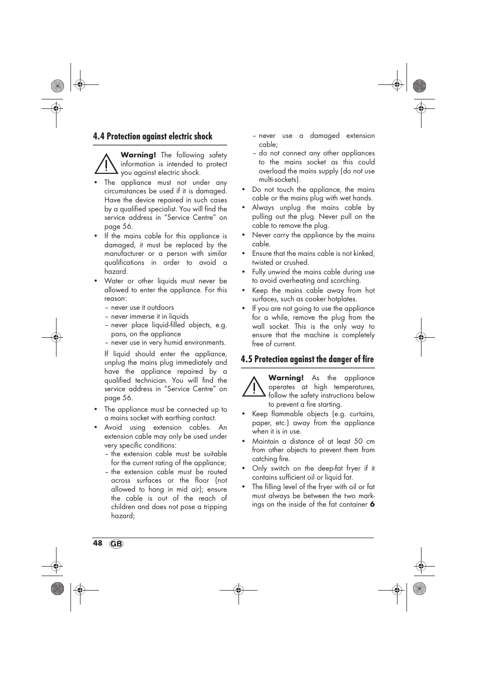 4 protection against electric shock, 5 protection against the danger of fire | Silvercrest SFM 840 A2 User Manual | Page 50 / 74