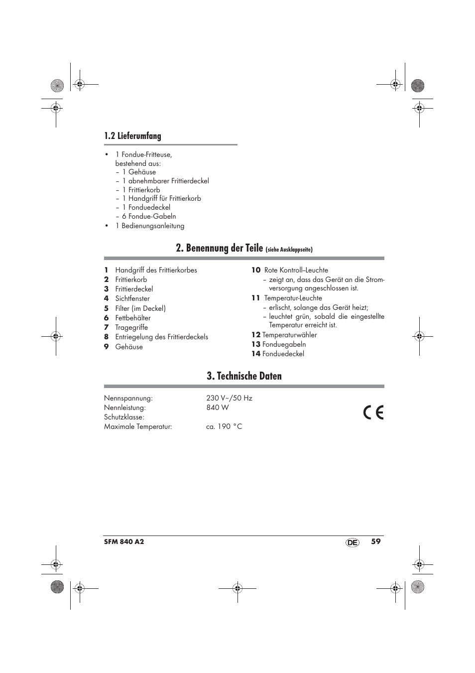 Benennung der teile, Technische daten, 2 lieferumfang | Silvercrest SFM 840 A2 User Manual | Page 61 / 74