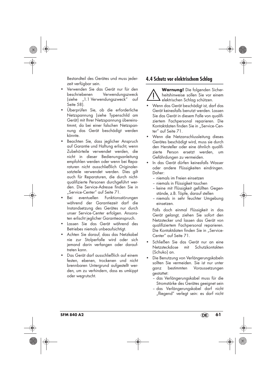 4 schutz vor elektrischem schlag | Silvercrest SFM 840 A2 User Manual | Page 63 / 74