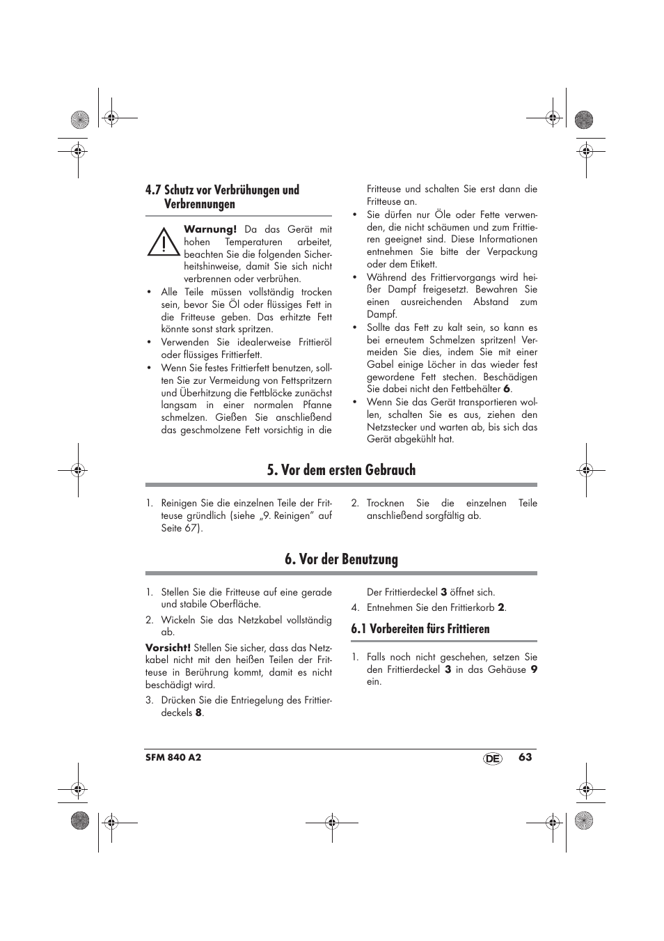 Vor dem ersten gebrauch, Vor der benutzung, 7 schutz vor verbrühungen und verbrennungen | 1 vorbereiten fürs frittieren | Silvercrest SFM 840 A2 User Manual | Page 65 / 74