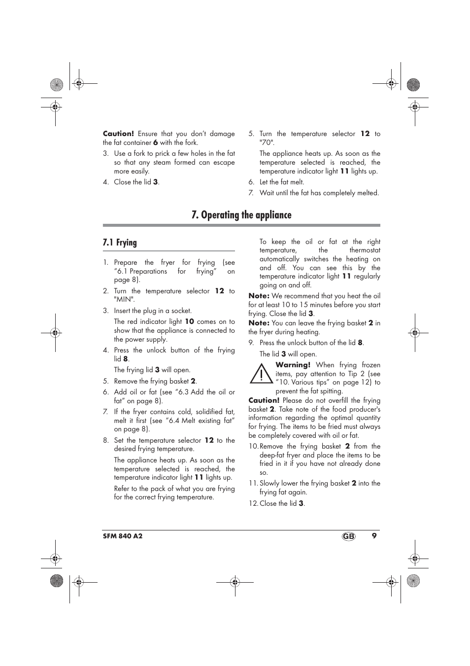 Operating the appliance, 1 frying | Silvercrest SFM 840 A2 User Manual | Page 11 / 98