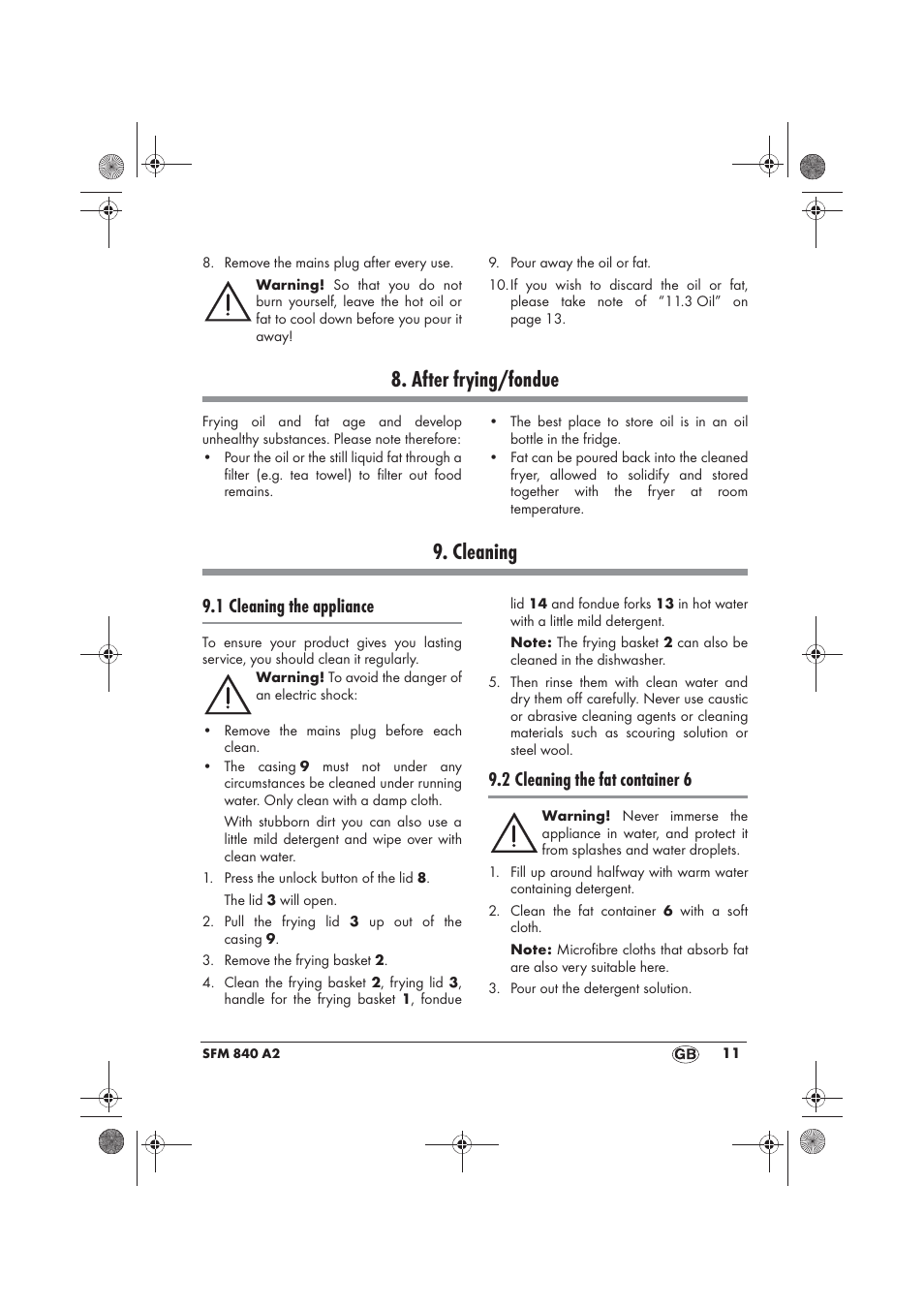 After frying/fondue, Cleaning, 1 cleaning the appliance | 2 cleaning the fat container 6 | Silvercrest SFM 840 A2 User Manual | Page 13 / 98