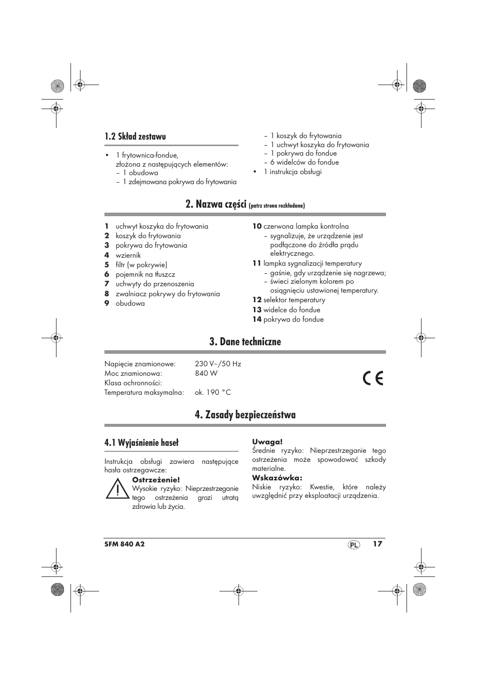 Nazwa części, Dane techniczne, Zasady bezpieczeństwa | 2 skład zestawu, 1 wyjaśnienie haseł | Silvercrest SFM 840 A2 User Manual | Page 19 / 98