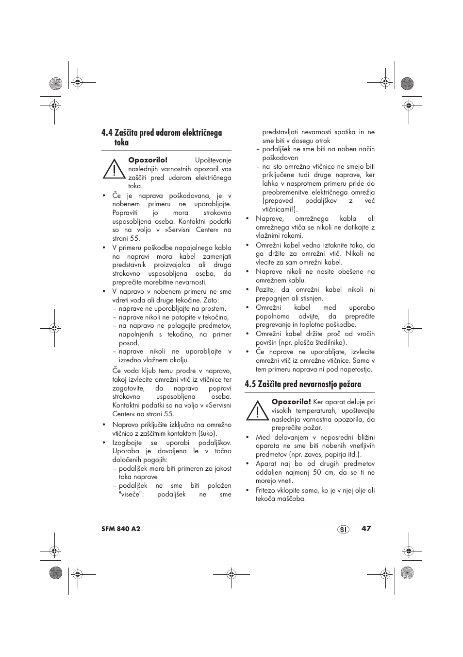 4 zaščita pred udarom električnega toka, 5 zaščita pred nevarnostjo požara | Silvercrest SFM 840 A2 User Manual | Page 49 / 98