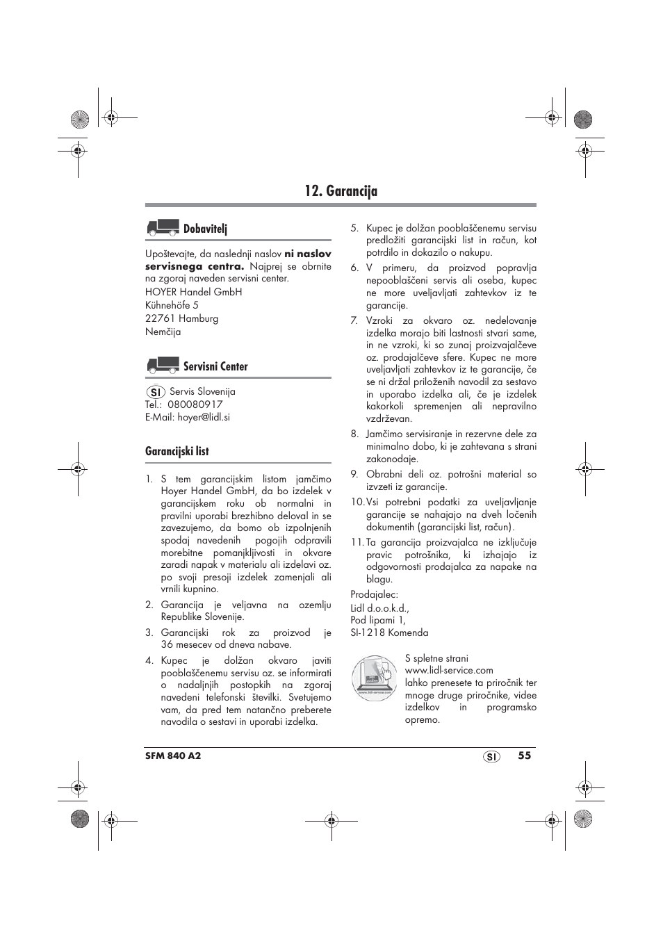 Garancija, Dobavitelj, Servisni center | Garancijski list | Silvercrest SFM 840 A2 User Manual | Page 57 / 98