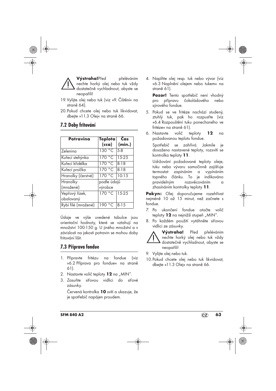 2 doby fritování, 3 příprava fondue | Silvercrest SFM 840 A2 User Manual | Page 65 / 98