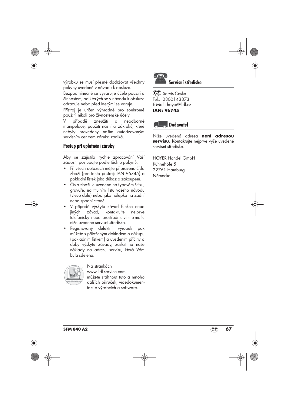 Postup při uplatnění záruky, Servisní středisko, Dodavatel | Silvercrest SFM 840 A2 User Manual | Page 69 / 98