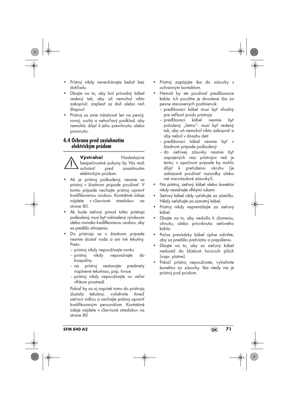 4 ochrana pred zasiahnutím elektrickým prúdom | Silvercrest SFM 840 A2 User Manual | Page 73 / 98