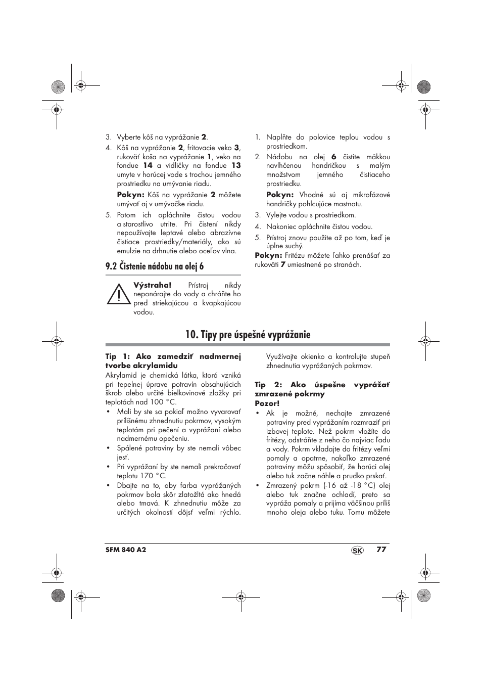 Tipy pre úspešné vyprážanie, 2 čistenie nádobu na olej 6 | Silvercrest SFM 840 A2 User Manual | Page 79 / 98