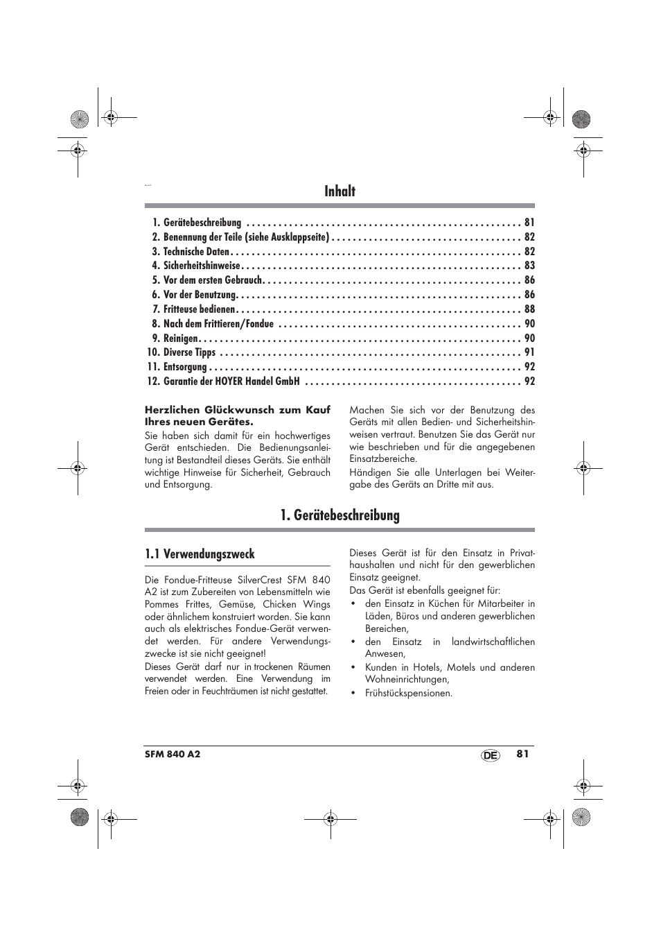 Inhalt, Gerätebeschreibung, 1 verwendungszweck | Silvercrest SFM 840 A2 User Manual | Page 83 / 98