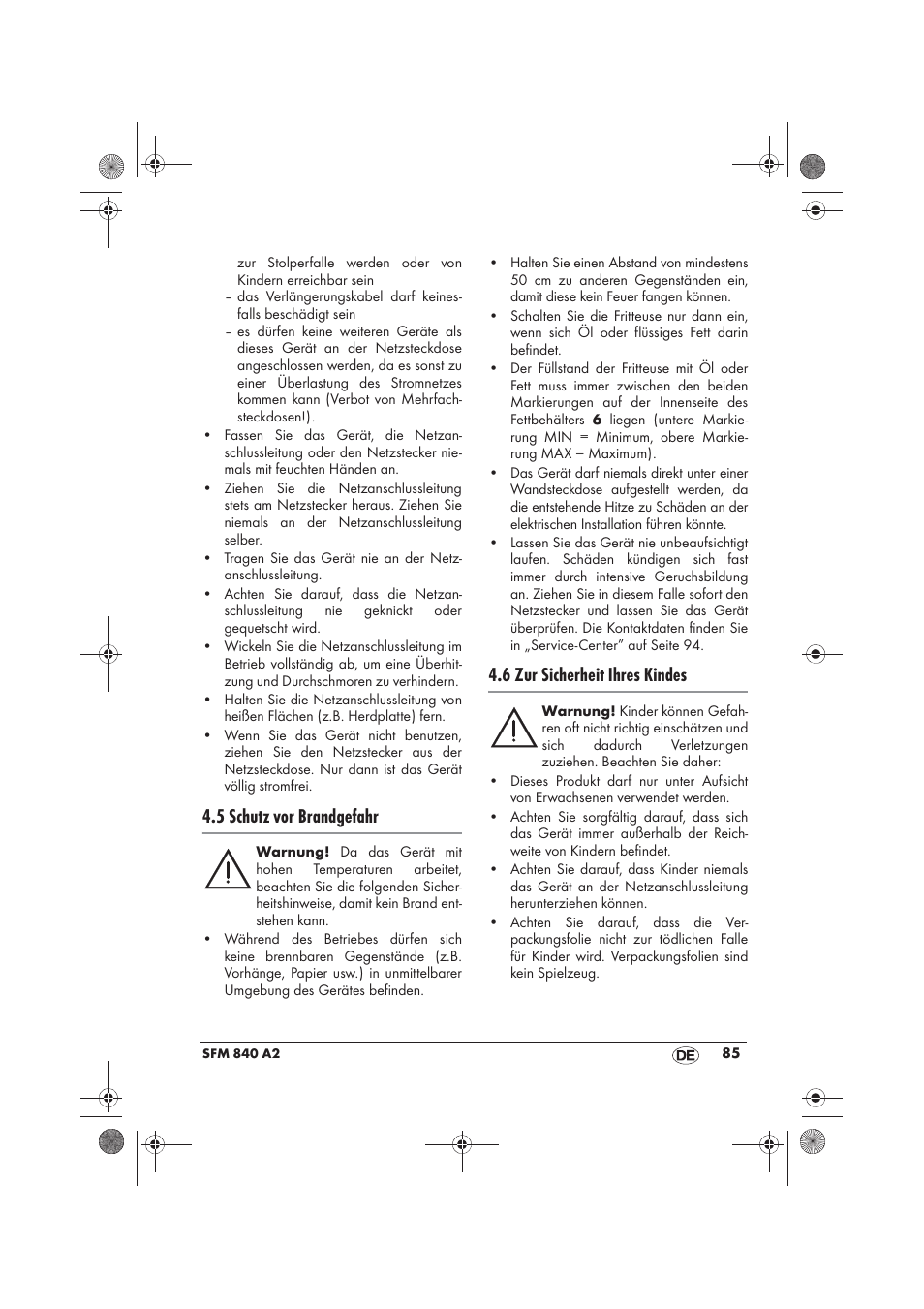 5 schutz vor brandgefahr, 6 zur sicherheit ihres kindes | Silvercrest SFM 840 A2 User Manual | Page 87 / 98