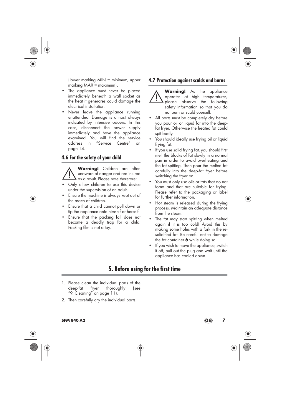 Before using for the first time, 6 for the safety of your child, 7 protection against scalds and burns | Silvercrest SFM 840 A2 User Manual | Page 9 / 98