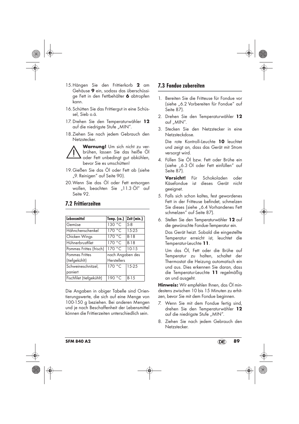 2 frittierzeiten, 3 fondue zubereiten | Silvercrest SFM 840 A2 User Manual | Page 91 / 98