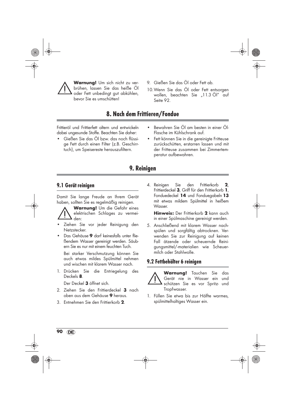 Nach dem frittieren/fondue, Reinigen, 1 gerät reinigen | 2 fettbehälter 6 reinigen | Silvercrest SFM 840 A2 User Manual | Page 92 / 98