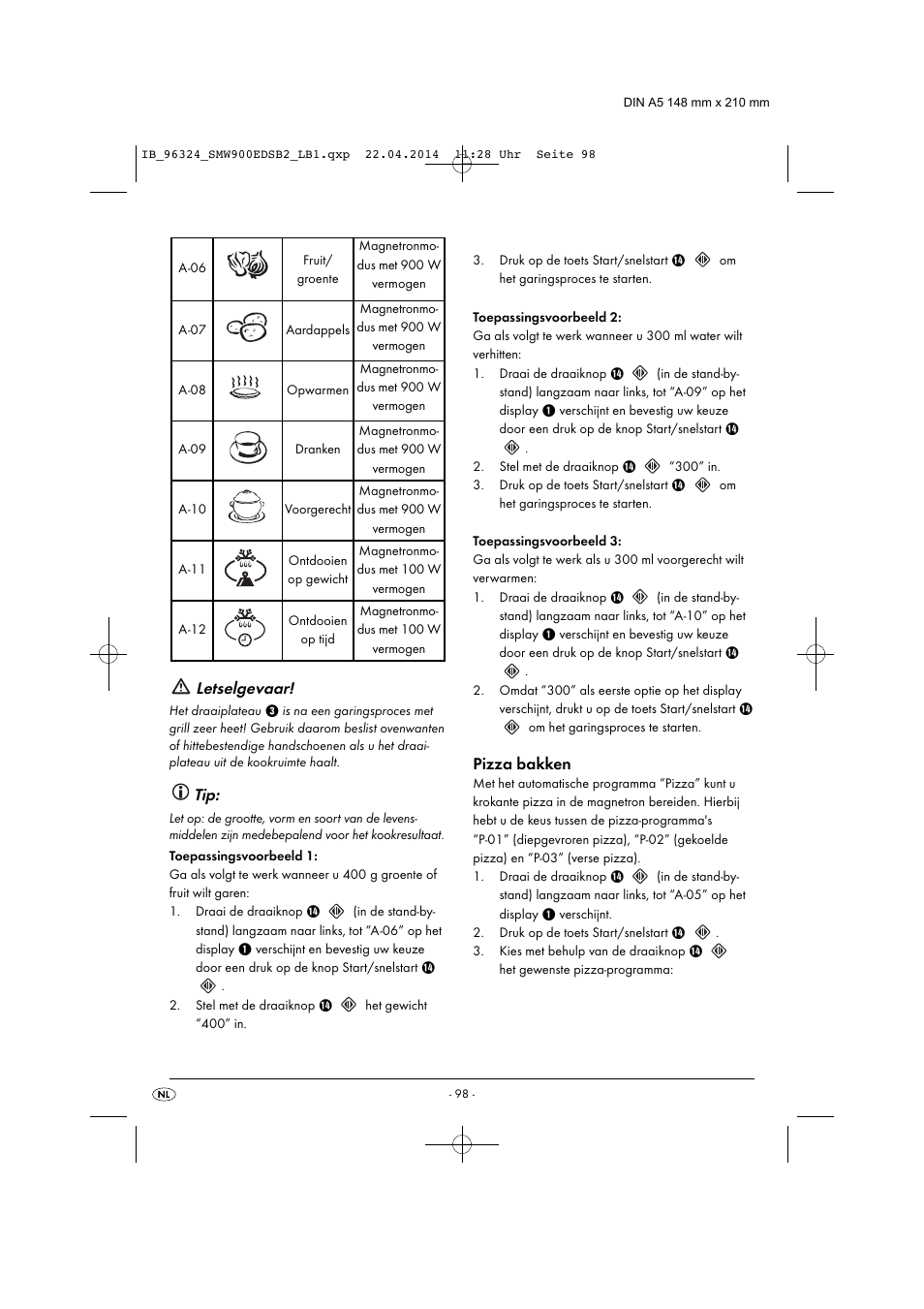 Letselgevaar, Pizza bakken | Silvercrest SMW 900 EDS B2 User Manual | Page 101 / 134