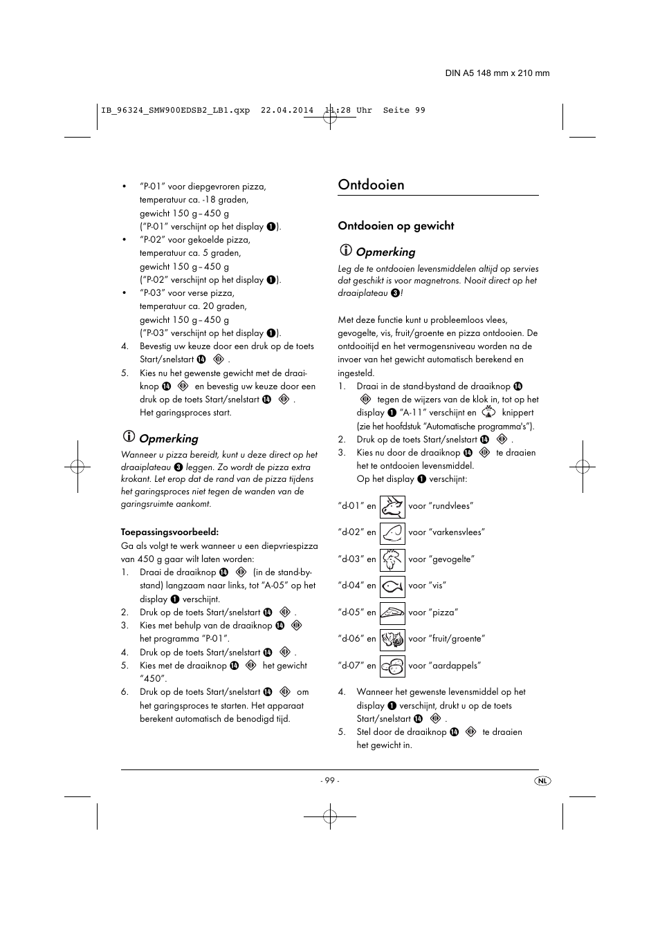 Ontdooien, Opmerking, Ontdooien op gewicht | Silvercrest SMW 900 EDS B2 User Manual | Page 102 / 134