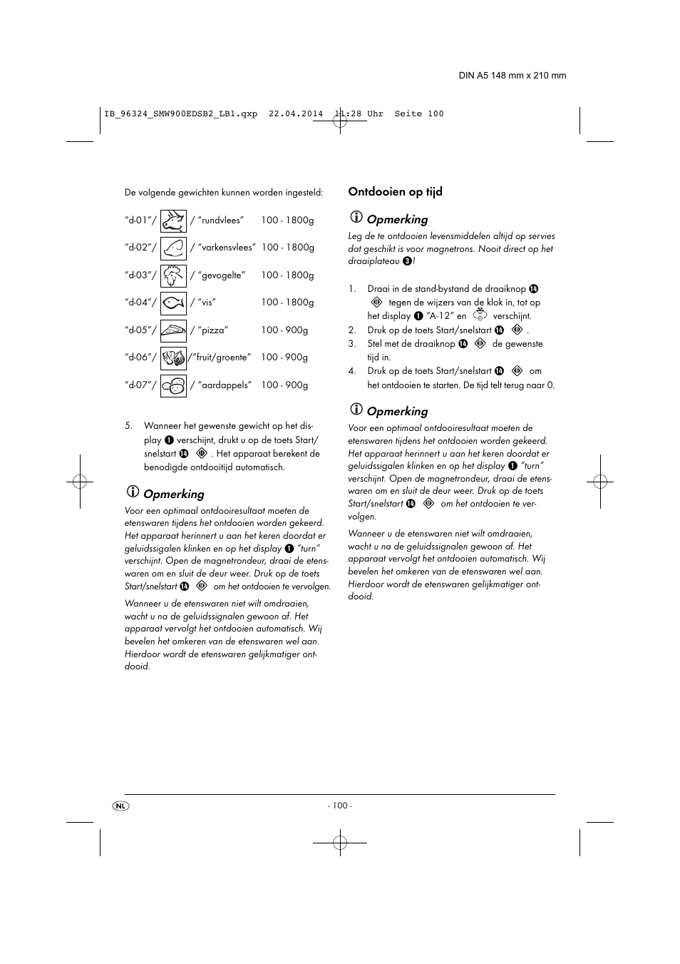 Opmerking, Ontdooien op tijd | Silvercrest SMW 900 EDS B2 User Manual | Page 103 / 134