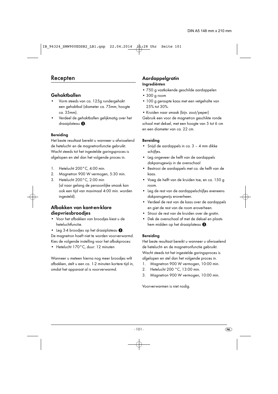 Recepten, Gehaktballen, Afbakken van kant-en-klare diepvriesbroodjes | Aardappelgratin | Silvercrest SMW 900 EDS B2 User Manual | Page 104 / 134