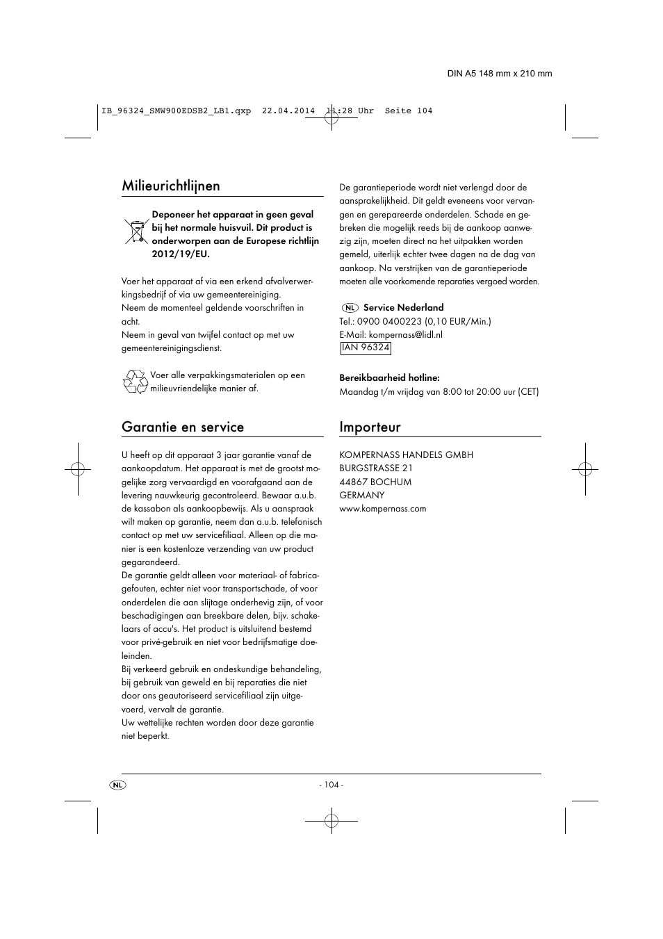 Milieurichtlijnen, Garantie en service, Importeur | Silvercrest SMW 900 EDS B2 User Manual | Page 107 / 134